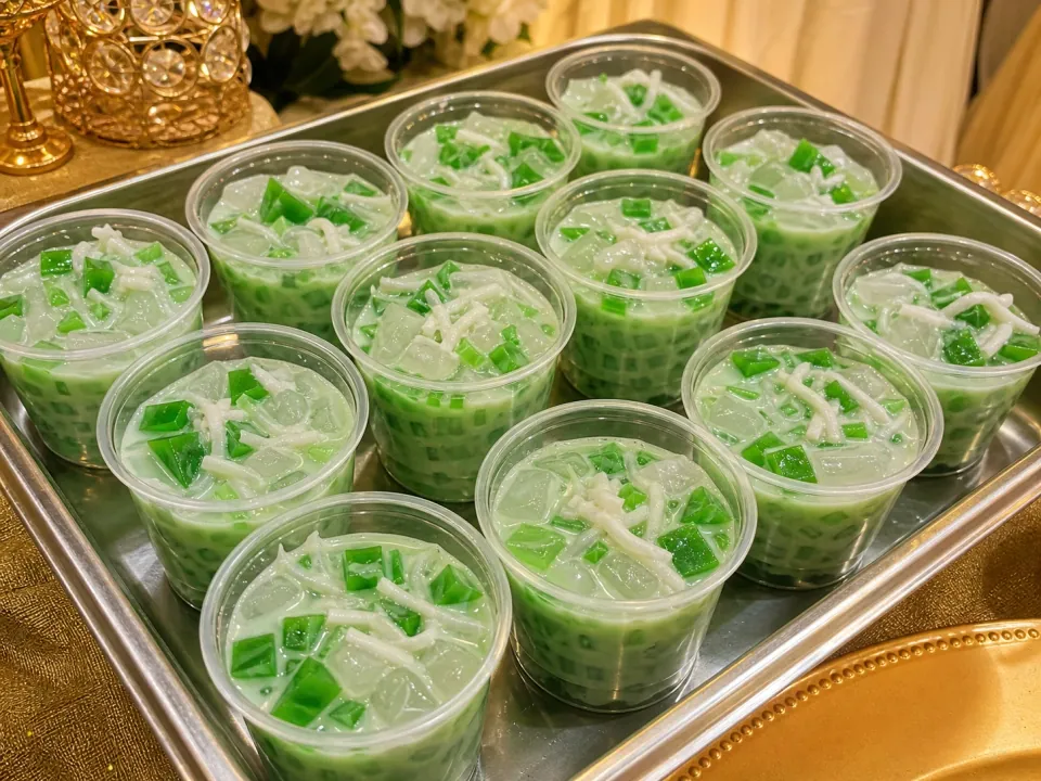 Buko pandan dessert cups on a catering tray