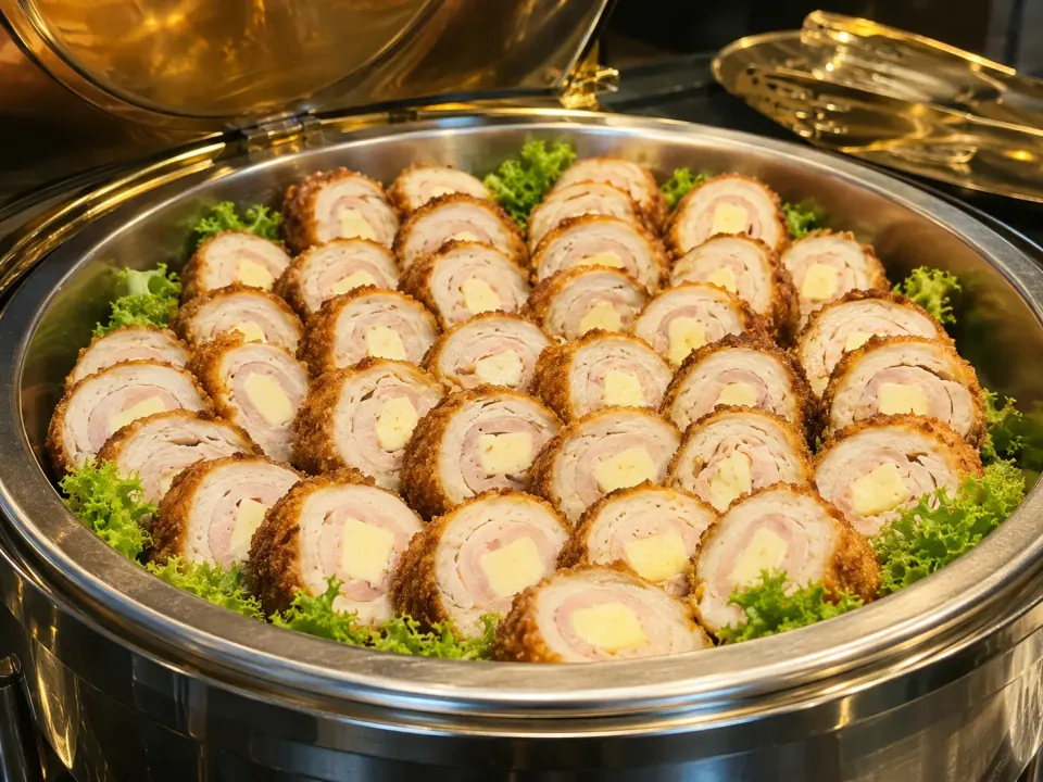 Chicken Cordon Bleu slices served in a food tray