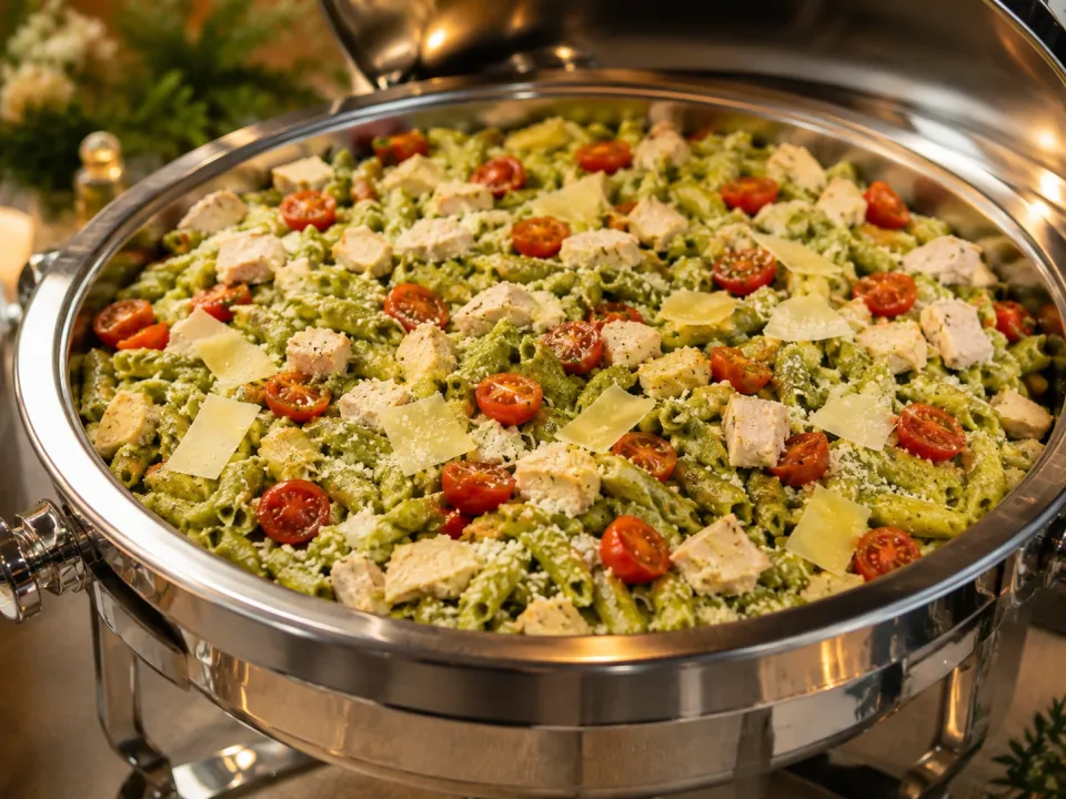 Chicken pesto pasta with tomatoes and parmesan in a chafing dish