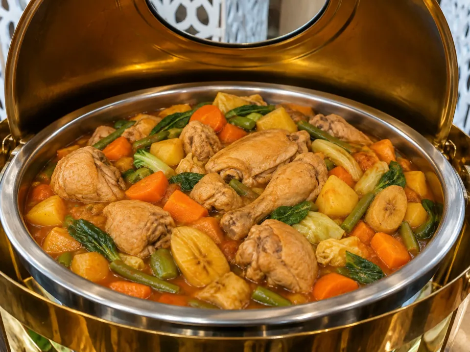 Chicken pochero with vegetables and potatoes in a chafing dish