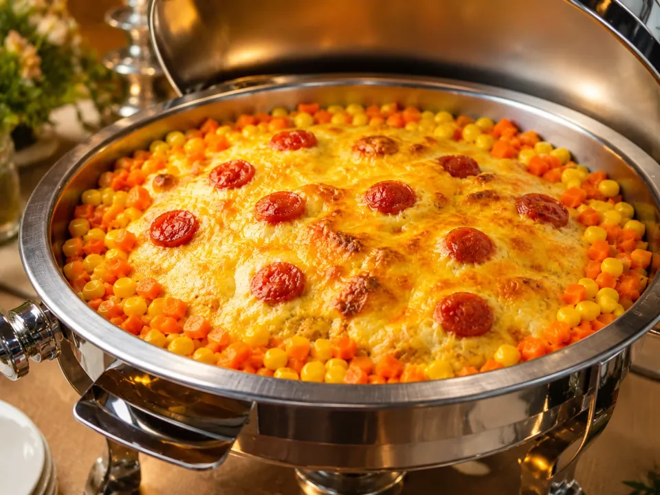 Mixed vegetables with cheese and carrots in a chafing dish