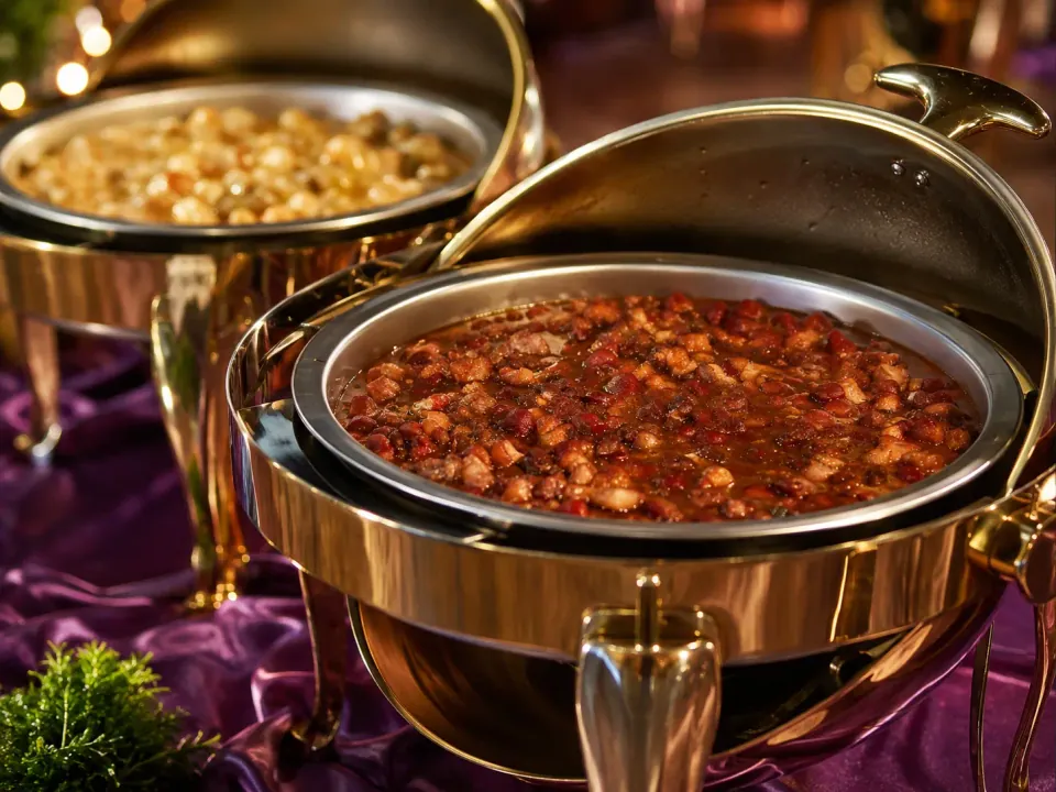 Pork menudo served in a gold chafing dish