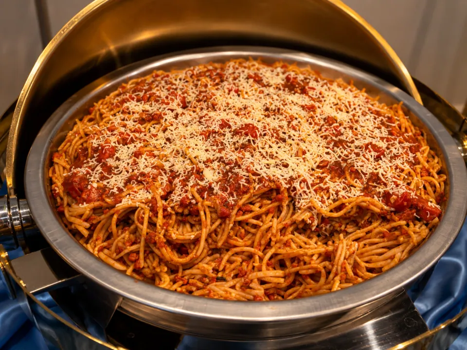 Spaghetti with tomato sauce and cheese in a chafing dish